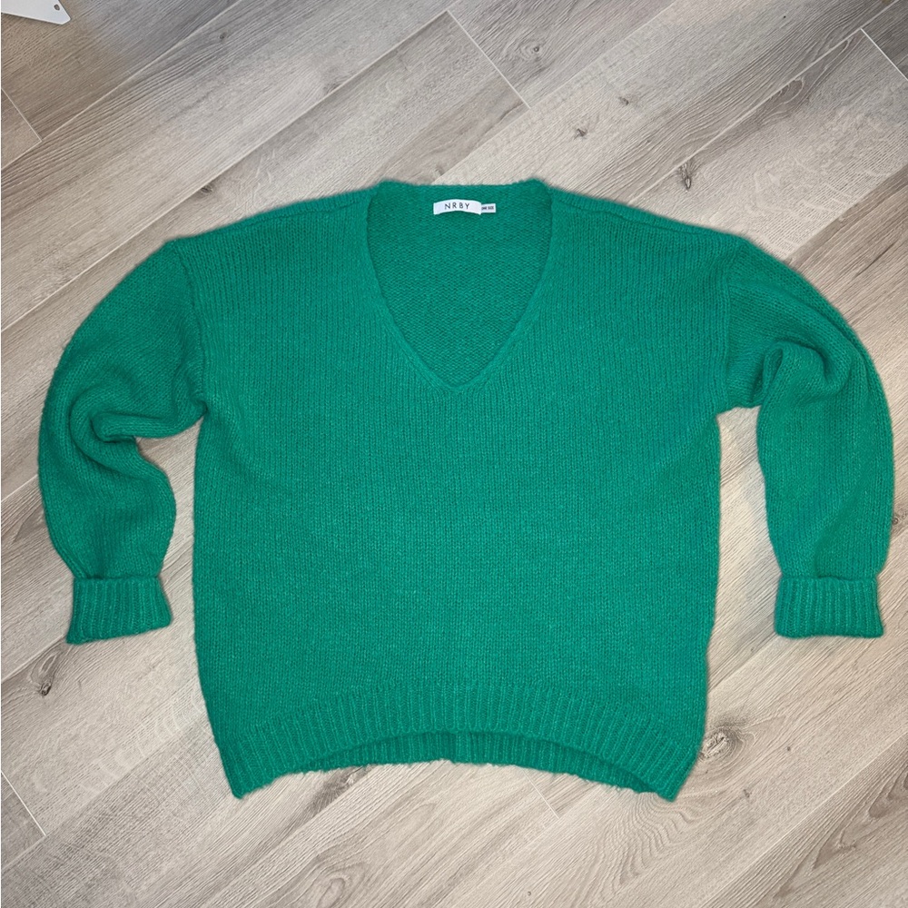 NRBY Alpaca Blend Oversized Green V Neck Sweater Womens One Size Cozy Knit